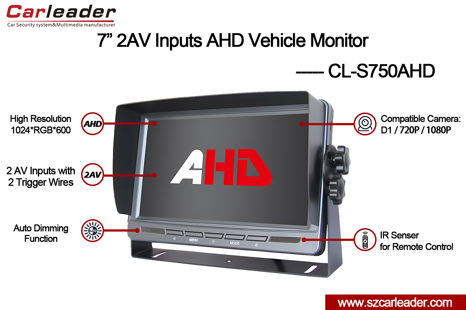 7 inch TFT LCD Car Ru Wo AHD Atẹle