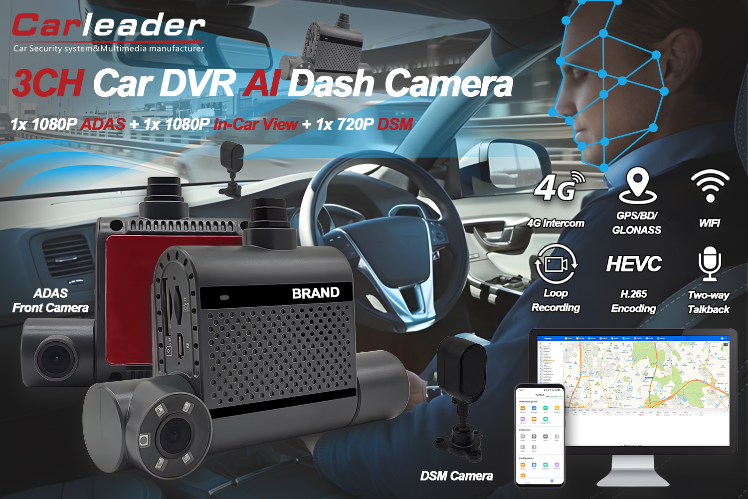 4G Dual AI Dash kamẹra pẹlu ADAS ati DSM