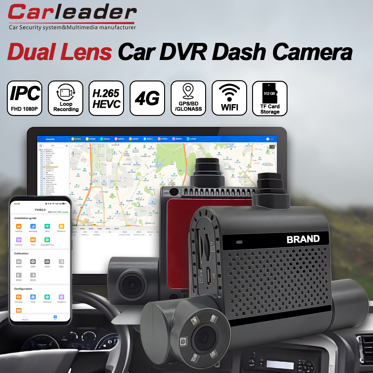 Arẹwẹsi funfun ti o ni ifipamo pẹlu carleader mch 2h HD 1080p dash dash kam